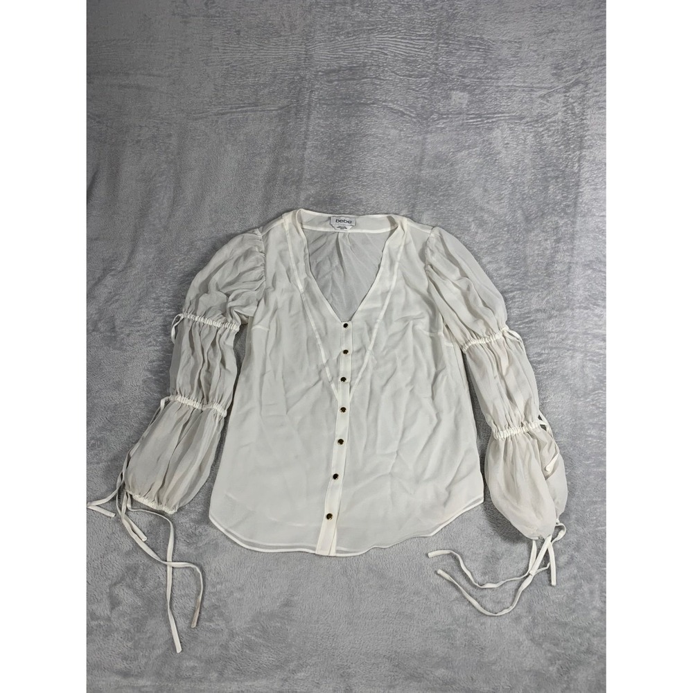 Bebe White Sheer Chiffon Blouse Womens XS Button Front Balloon Sleeve Top